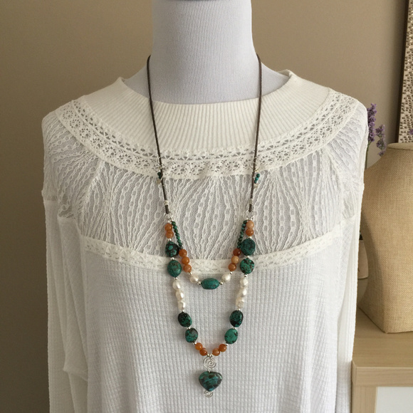 Turquoise, Amber, Pearl, Silver Gemstone Necklace - Picture 8 of 8